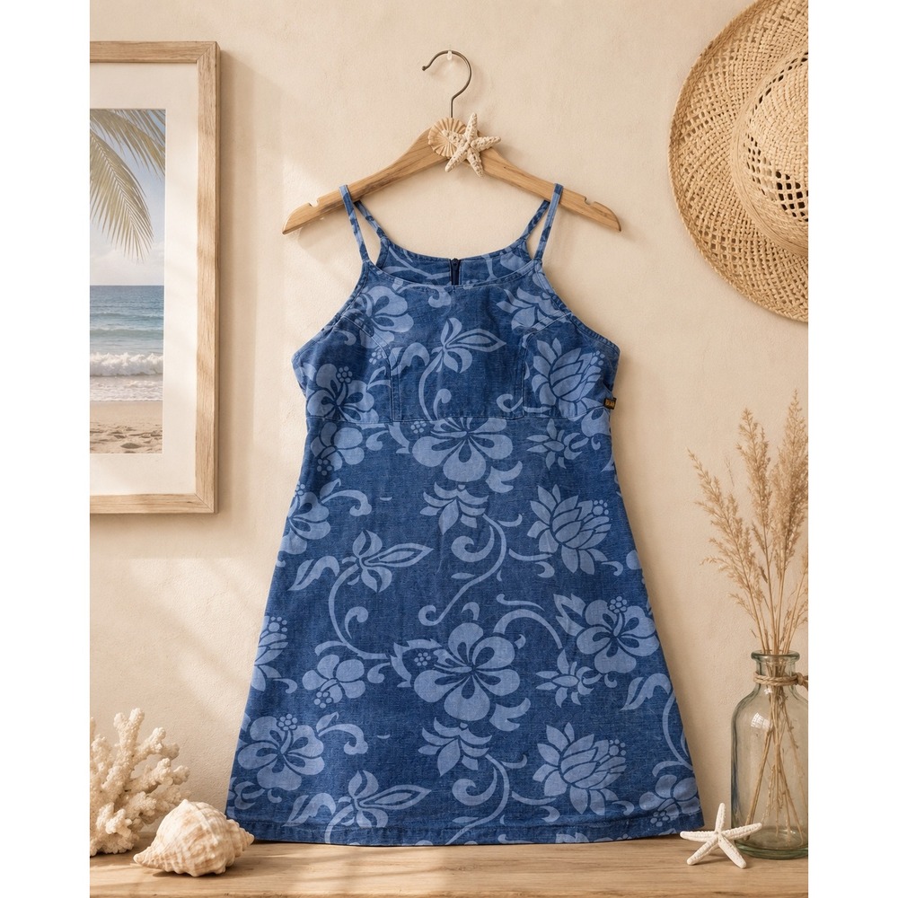Roxy Vintage Hibiscus Floral Mini Dress Blue Y2K Surf A-Line Small